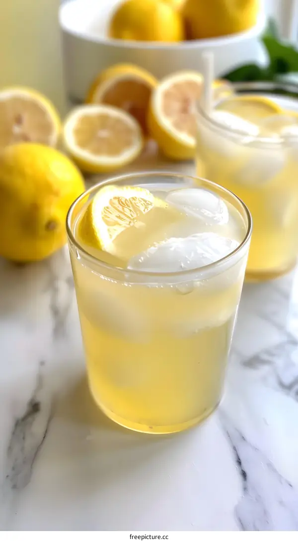 Refreshing Lemonade with Lemon Slices and Ice Cubes