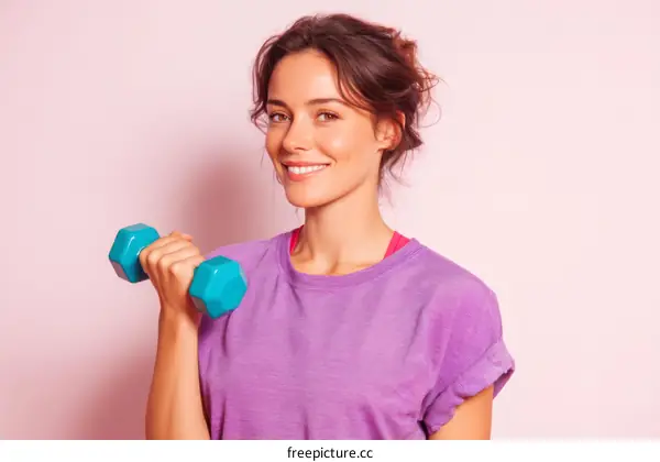 Woman Lifting Dumbbells in a Purple Top Against a Pink Background