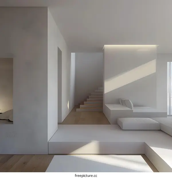 Minimalist Modern White Interior Design with Stairs and Sunlight