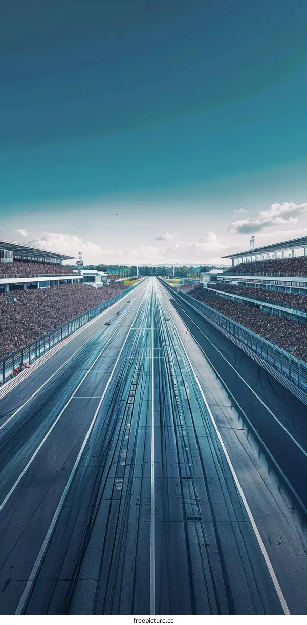 Aerial view of a race track with a long straight