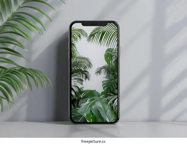 Smartphone Mockup with Tropical Leaves on Screen