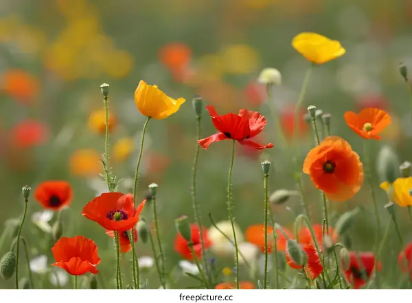 Red and Yellow Poppy Flowers in a Field