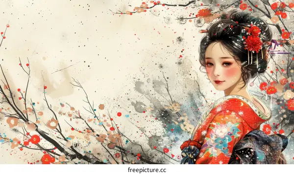 An illustration of a beautiful Japanese woman in a red kimono with cherry blossoms