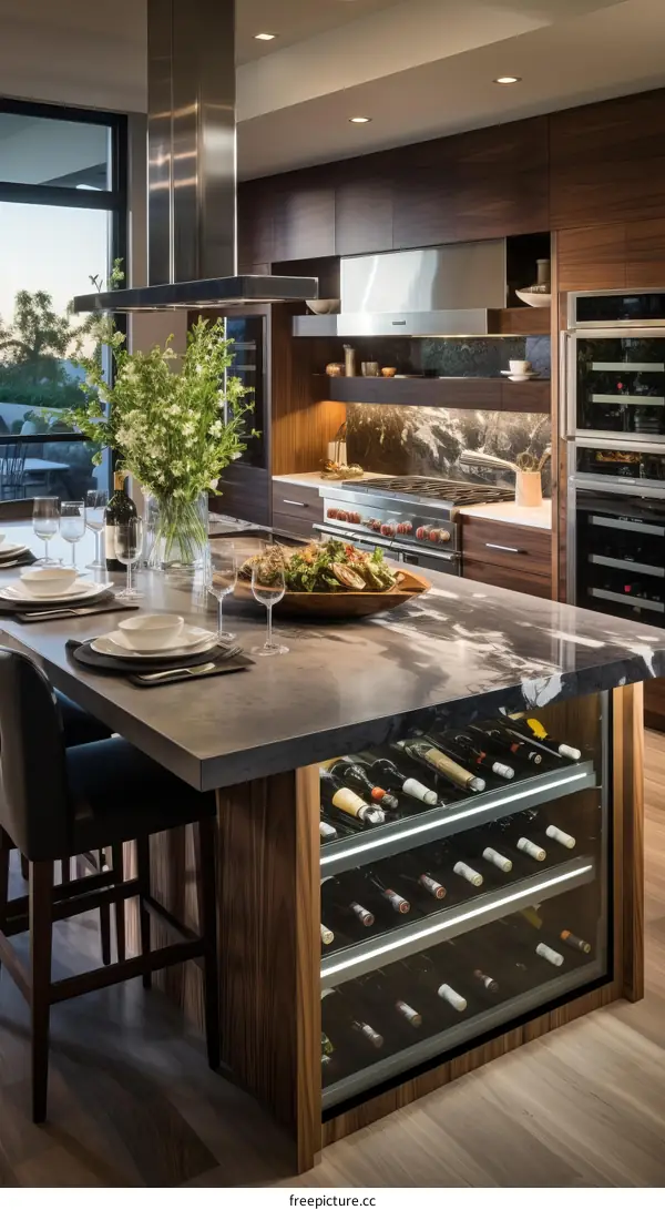 Modern Kitchen with Dark Wood Cabinets and Stainless Steel Appliances