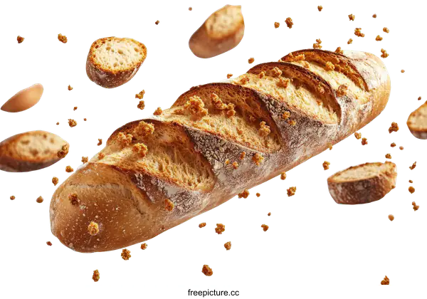 [Transparent Background PNG]Freshly Baked Baguette with Crumbs in Motion