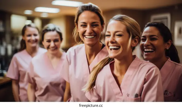 Portrait of a group of five female nurses wearing pink scrubs