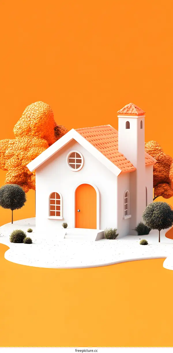 Minimalist 3D Illustration of a White House with Orange Roof and Doors