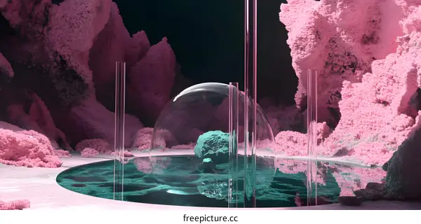 Abstract Digital Art with Glass Dome and Green Rock in Pink Landscape