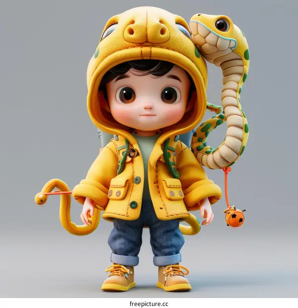 Cute Boy in Yellow Raincoat with Snake Puppet