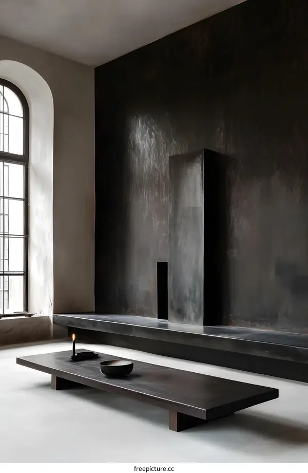 Minimalist Interior Design with a Black Wall and a Long Wooden Coffee Table