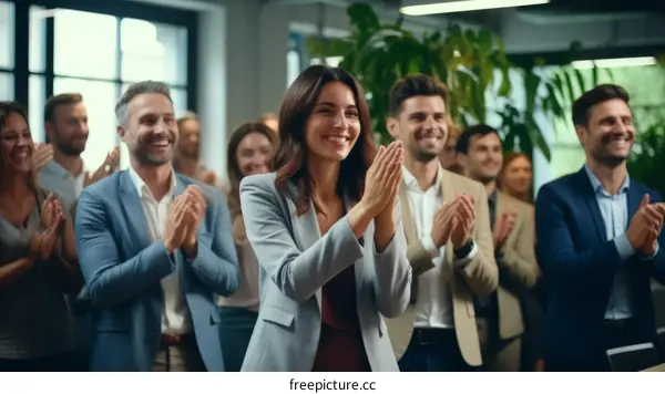 A group of business people are clapping and smiling at a meeting
