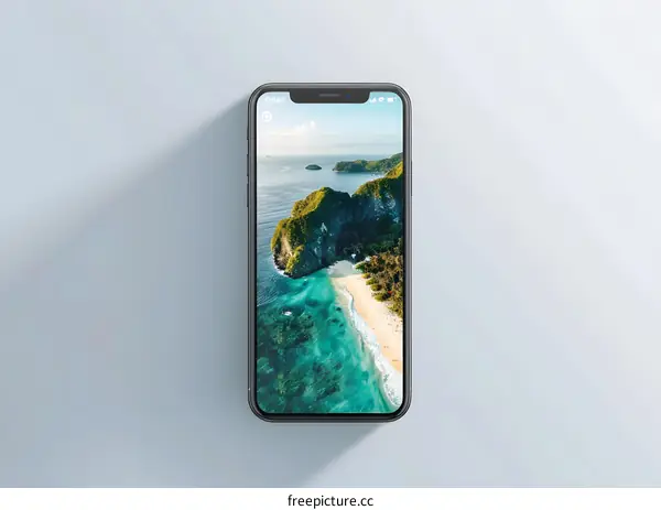 Mobile Phone Screen Showing Tropical Beach Landscape
