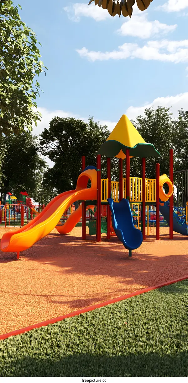 Colorful Playground Equipment with Slides and Climbing Structures
