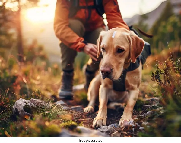 Man hiking with his dog in the mountains