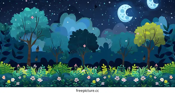 Night Sky Forest Illustration with Stars and Moon