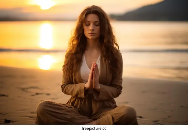 Calm and Peaceful Woman Meditating on the Beach at Sunset