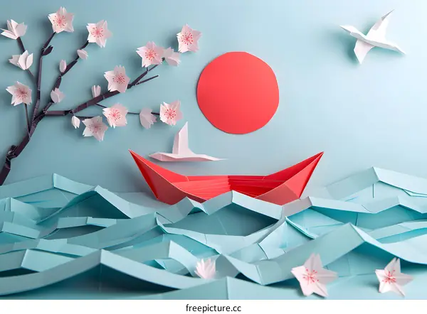 red paper boat and origami flowers