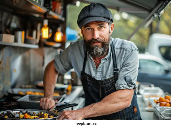 Bearded man in a cap and apron standing in front of a food truck