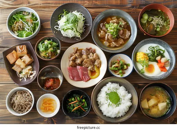 Japanese Food Dishes Served On Wooden Table