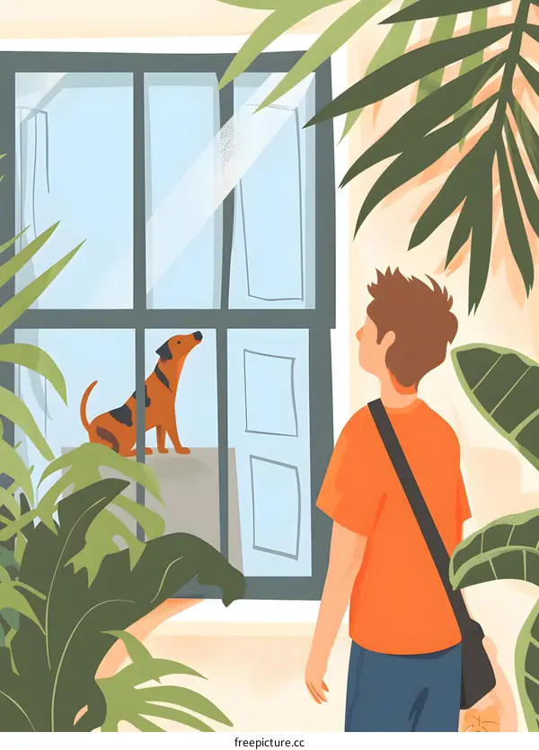 Boy Looking at Dog Through Window