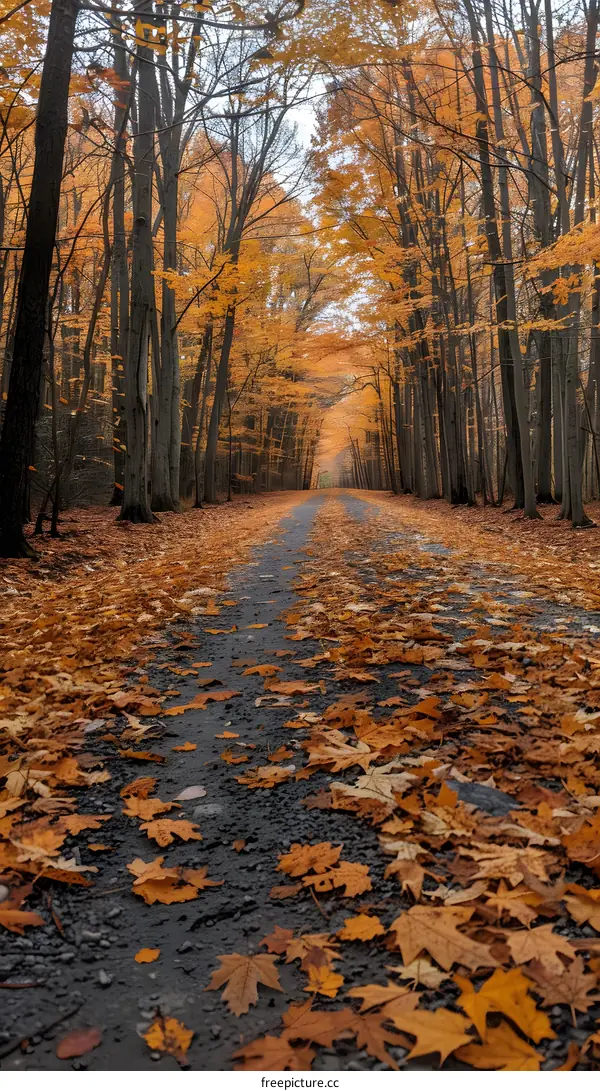 Autumn Path Through the Forest With Fallen Leaves