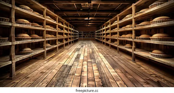 Wooden Shelves Filled With Pies In An Old Building