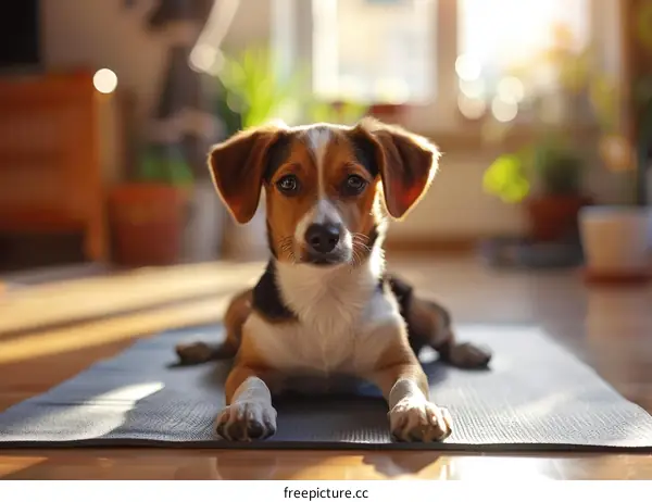 A cute puppy is lying on a yoga mat in the living room