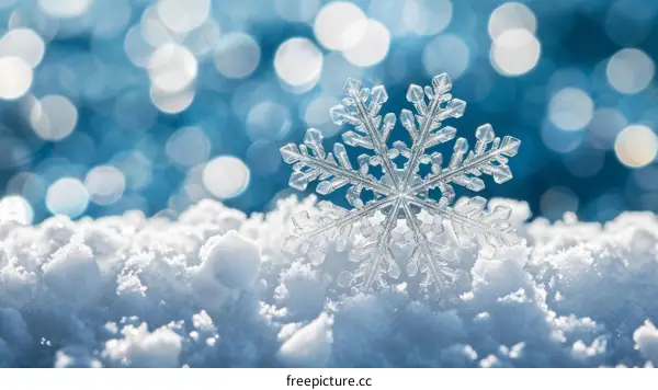 A beautiful snowflake on a snow covered surface with a blurred blue background
