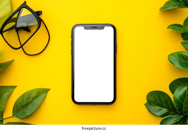 Black Smartphone Mockup with Green Leaves on Yellow Background