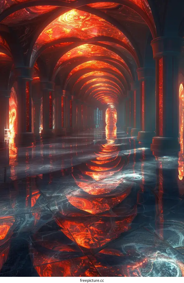 Futuristic Sci-Fi Corridor With Glowing Lava And Futuristic Architecture