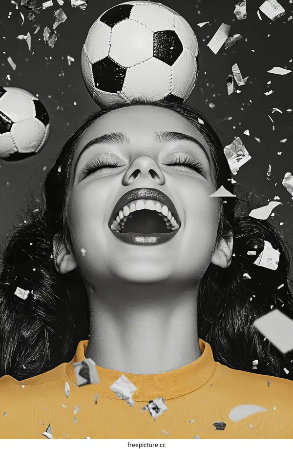 Celebrating Woman with Soccer Balls and Confetti