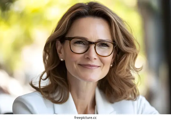 Smiling Woman with Glasses in White Blouse Portrait