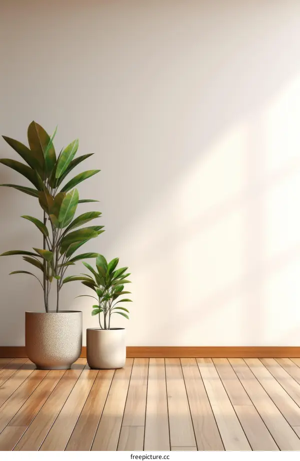 Minimalist Home Decor with Potted Ficus and Snake Plants