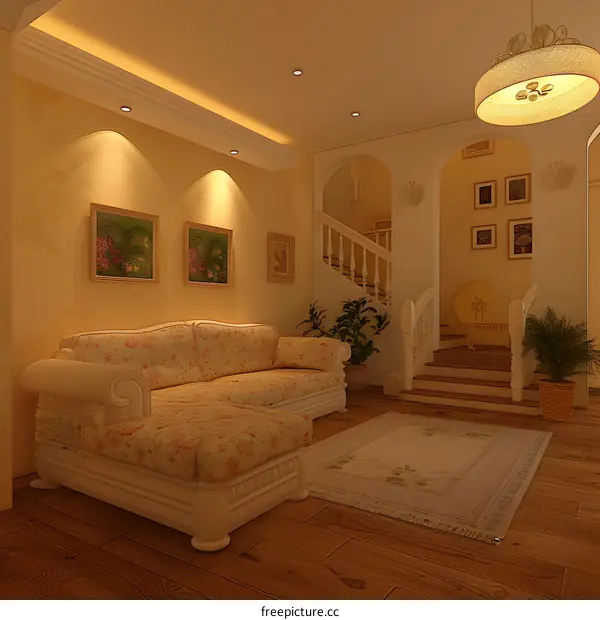 Living Room Interior Design with Sofa and Staircase