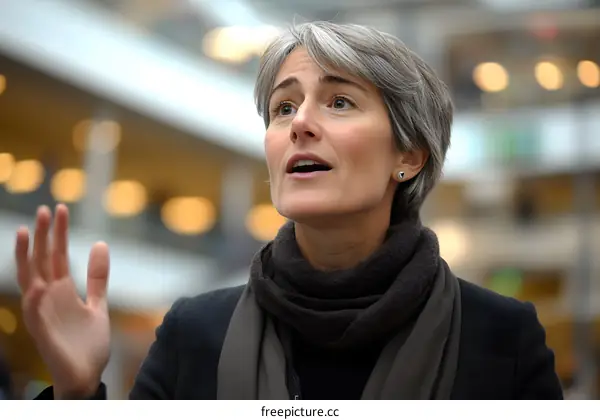 Woman Looking Up In A Shopping Center