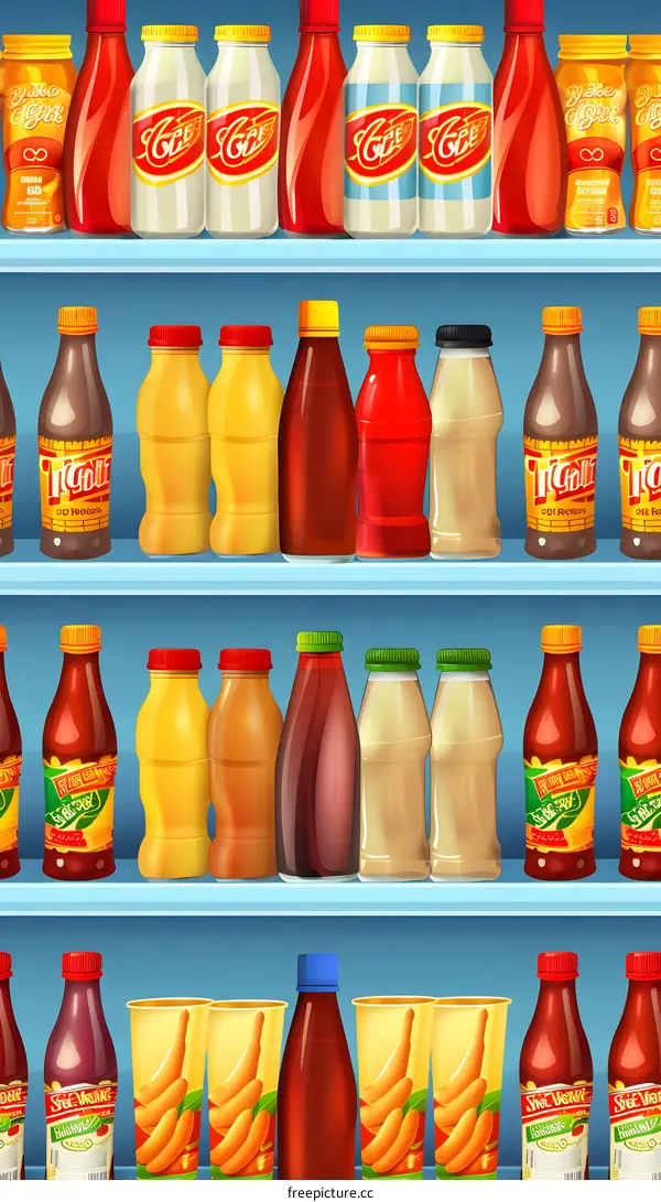 Colorful Bottles and Snacks on Shelves Illustration