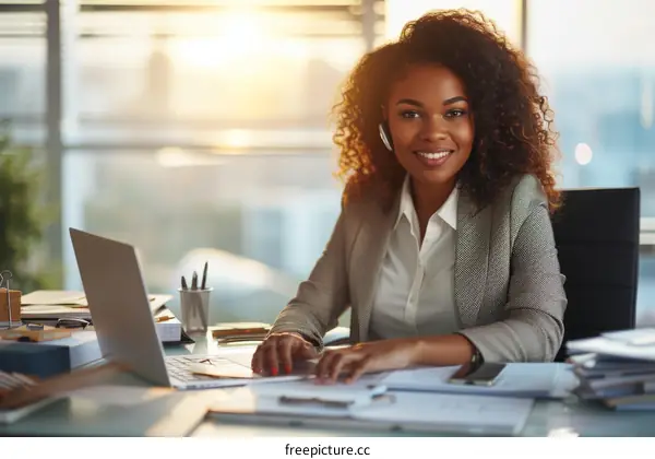 Smiling businesswoman working on laptop in office
