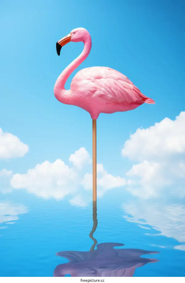 A pink flamingo standing in the middle of the ocean