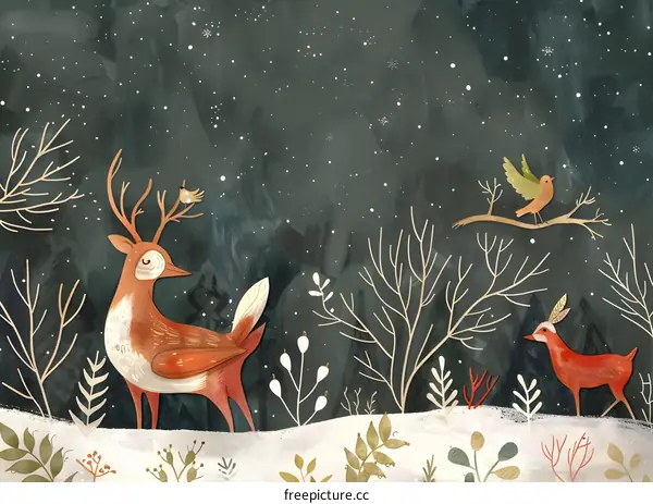 Winter Wonderland Illustration with Deer and Birds