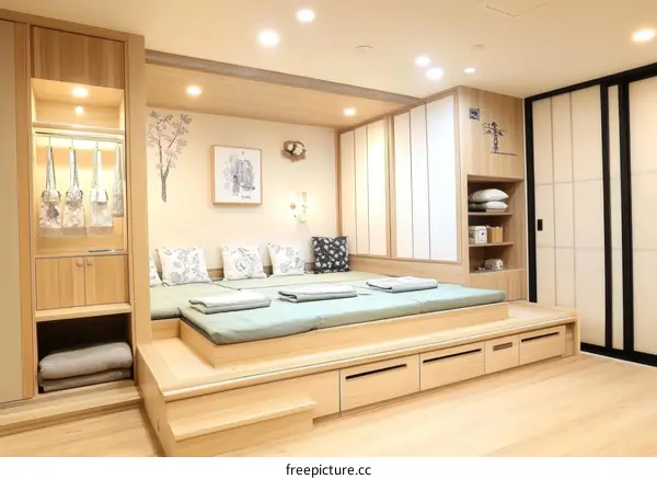 Japanese Style Elevated Platform Bed with Built-in Storage