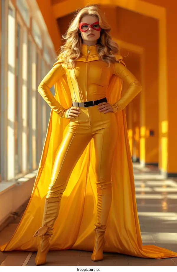 A woman dressed in a yellow superhero costume