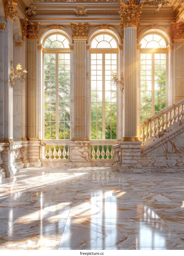 Grand Hallway with Marble Floor and Golden Columns