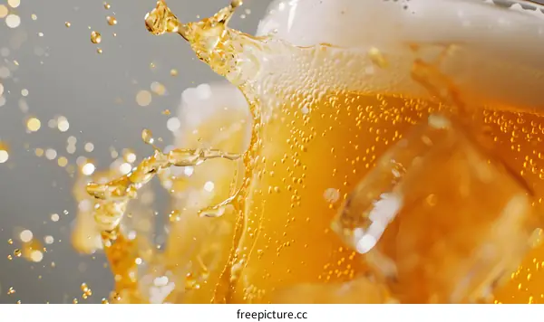 Close Up of Splashing Beer with Ice Cube
