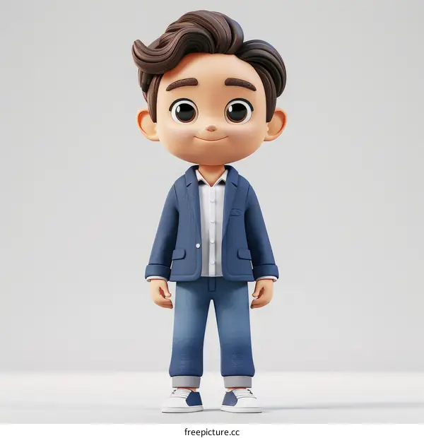 A 3D illustration of a young man wearing a blue suit and jeans