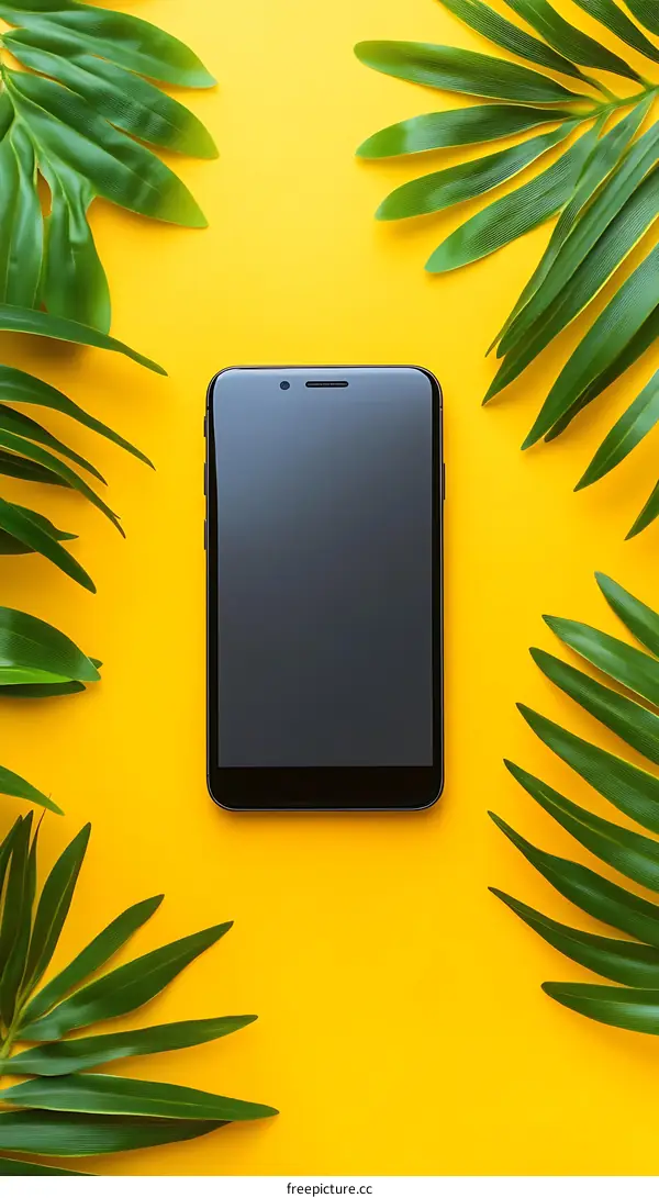Black Smartphone with Green Leaves on Yellow Background