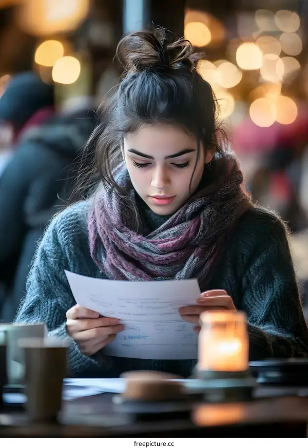 Young Woman Reading a Document in a Cafe