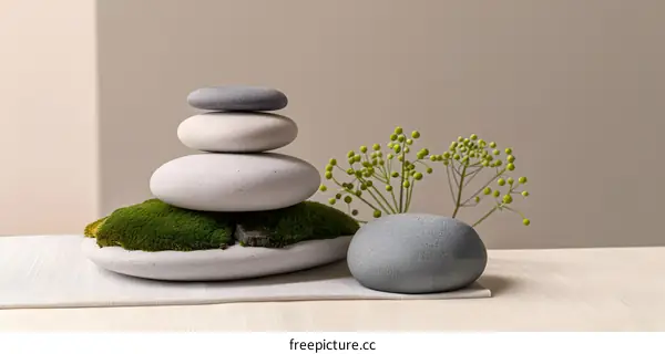 Zen Stones Stacked on Moss with Greenery