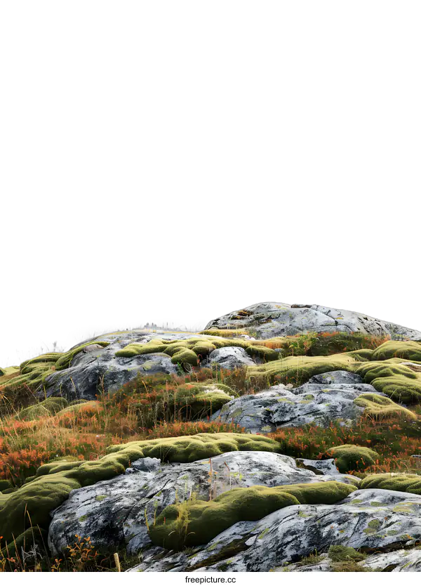 [Transparent Background PNG]Green Moss Covering Rocks Against A White Sky