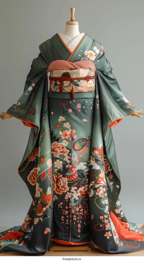 A woman wearing a kimono with a floral pattern