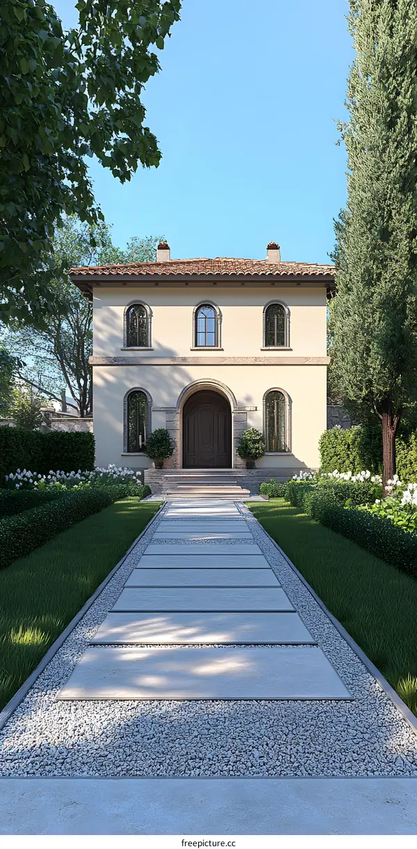 Beautiful House with Stone Pathway and Lush Greenery